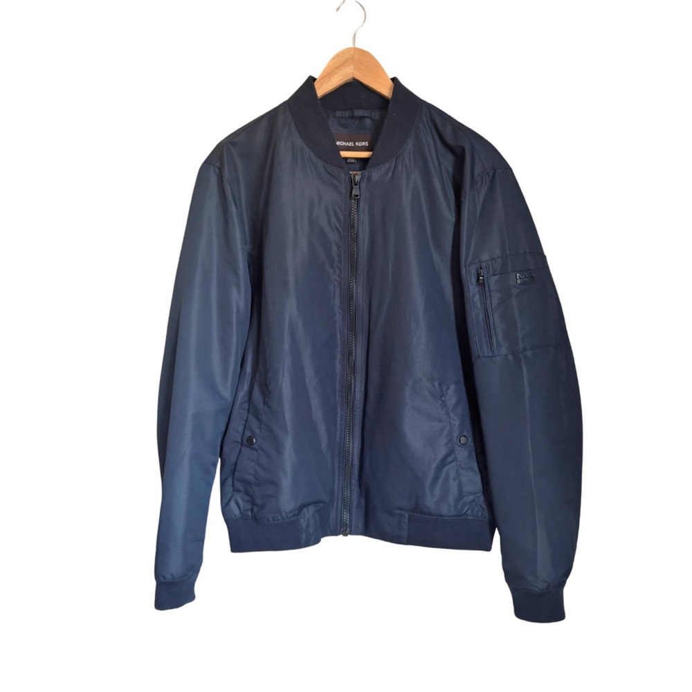 Michael Kors Men's Navy Bomber Jacket Coat MK Logo Sleeve Zip Front NWOT